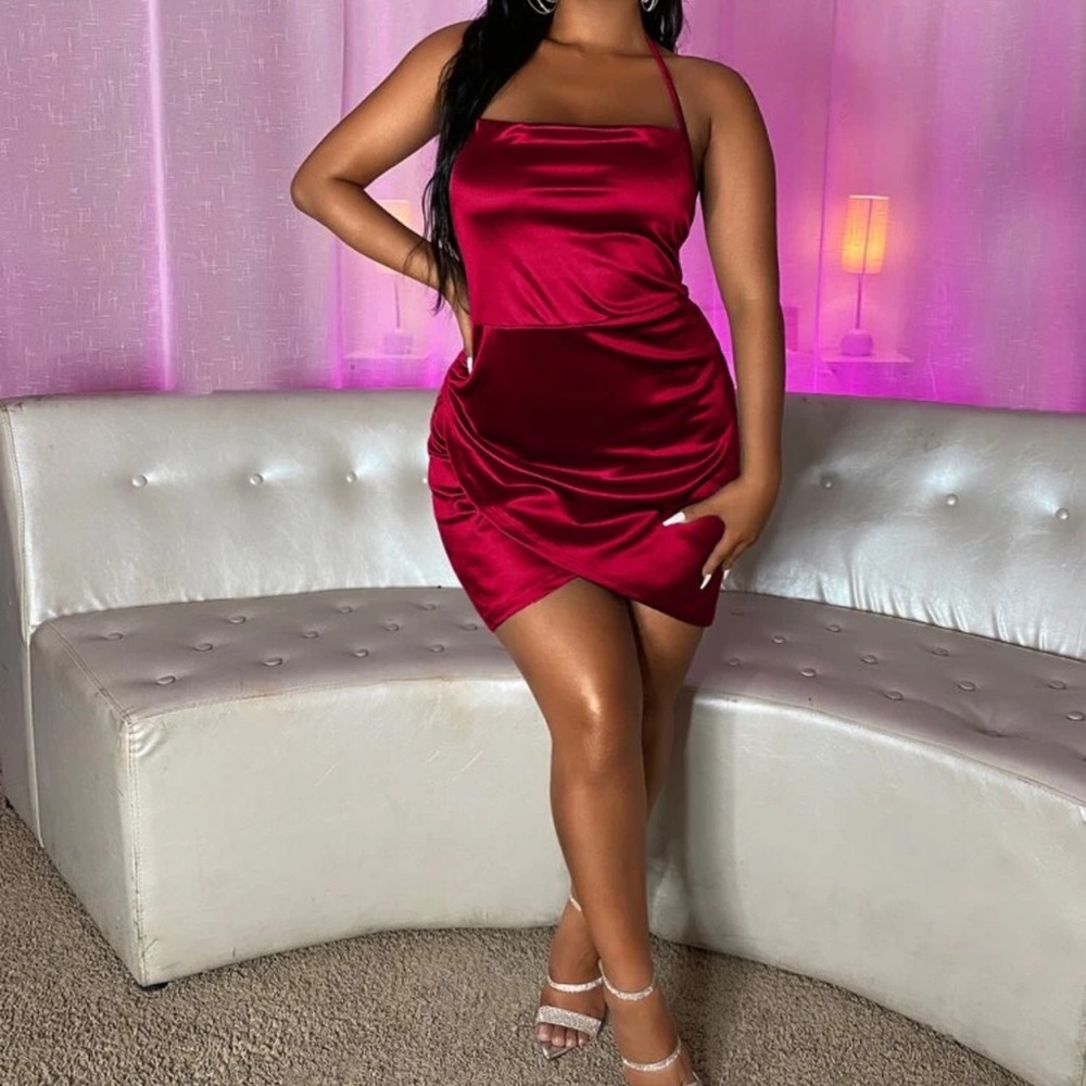 Burgundy Satin Halter Dress